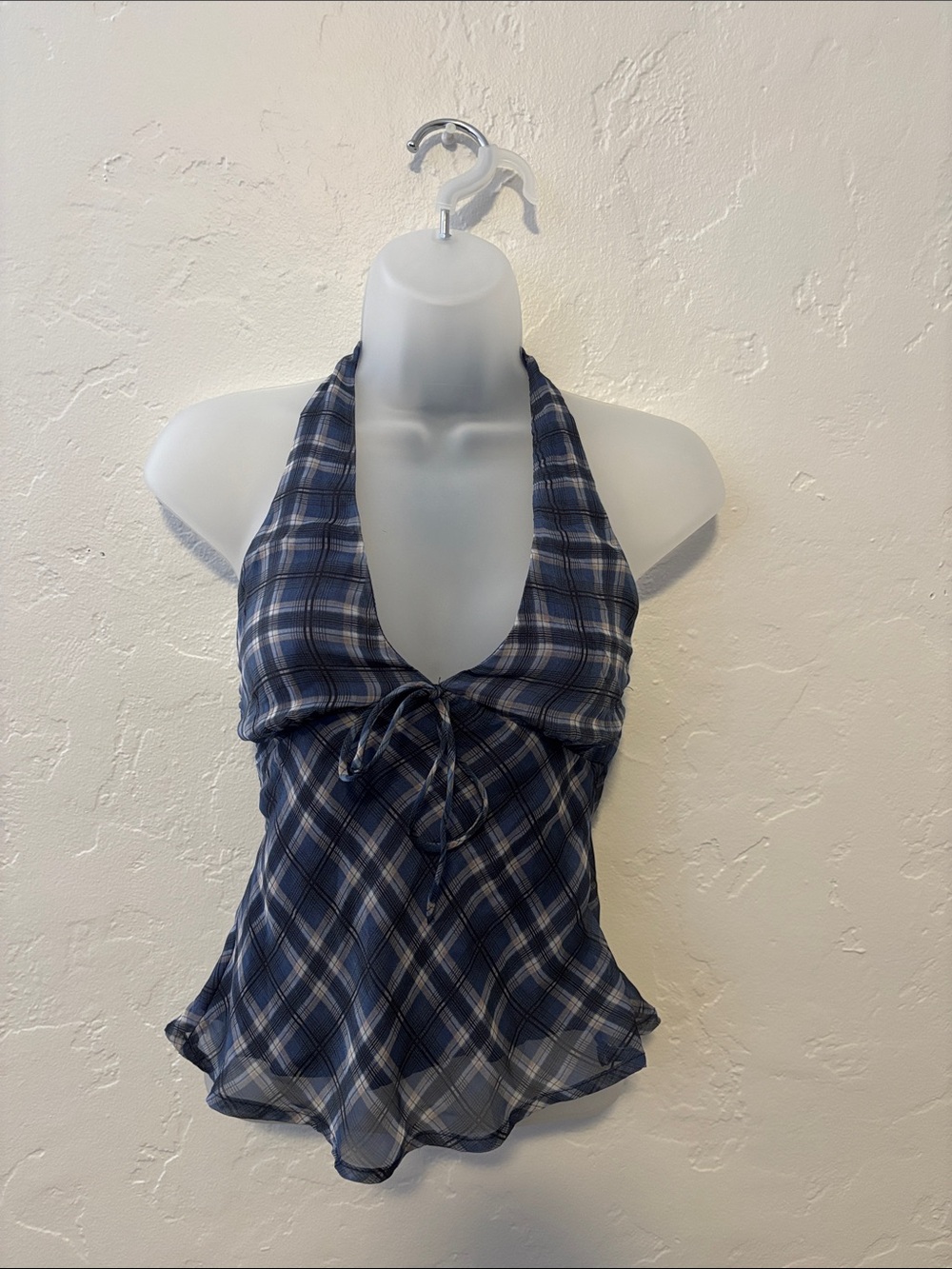 Princess Polly Navy Plaid Halter Tie-Front Top
